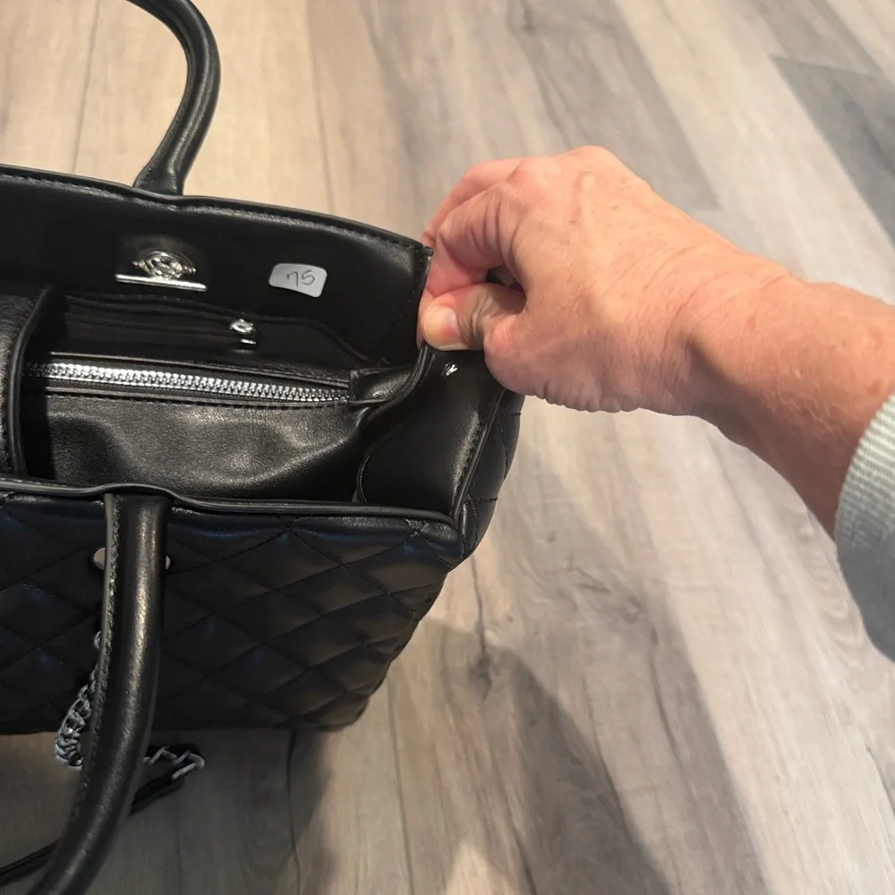 Black Quilted Tote Bag with Chain Straps - Picture 3 of 7